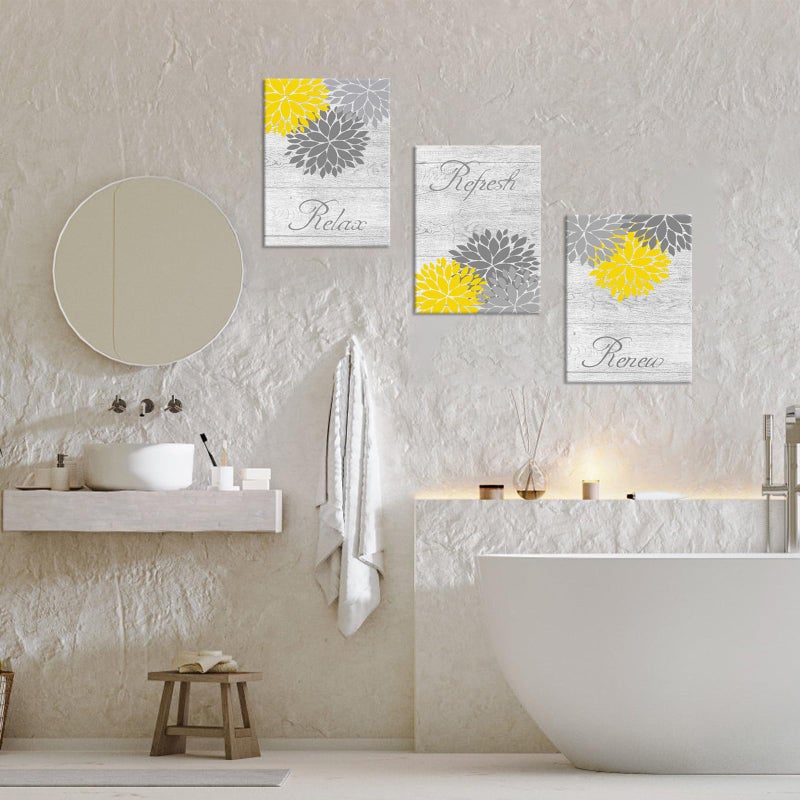 Zlove Yellow and Grey Bathroom Decor, Dahlia Flower Pictures Wall Art - Relax Refresh Renew Bathroom Pictures Wall Decor, 12"X16", 3Pcs - Image 5